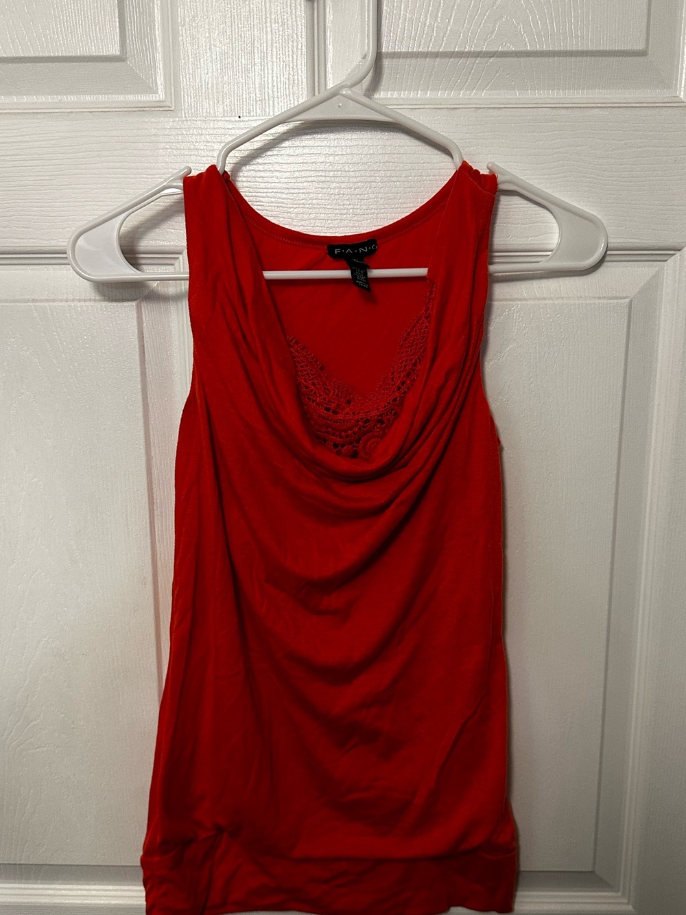 Fang Red Orange Cowl Neck Tank with Lace Detail